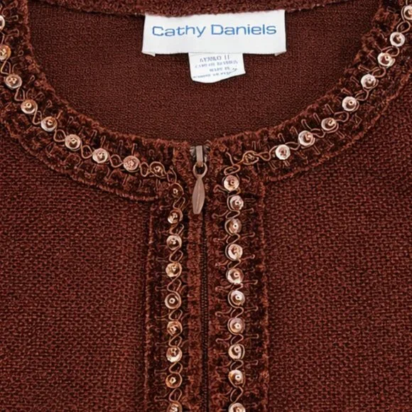 Cathy Daniels Chocolate Brown Bouclé knit Beaded Zip Up Top/Jacket - L - Picture 3 of 8